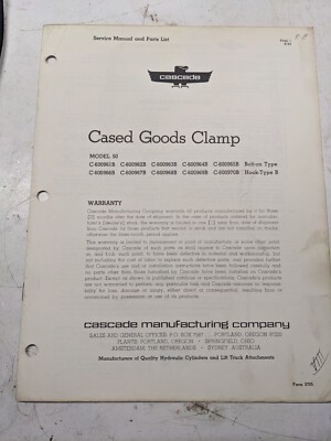 Cascade Service Manual Parts List Book Model 50 Cased Goods Clamp 1963