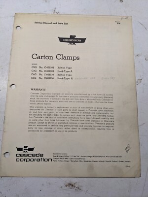Cascade Service Manual Parts List Book C3G C4G Carton Clamps 1964