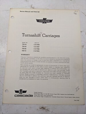 Cascade Service Manual Parts List Book T6S 42 48 60 72 Turnashift Carriages 1964