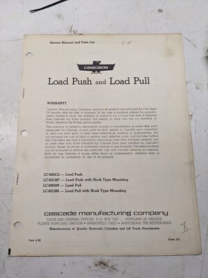 Cascade Service Manual Parts List Book Lc 600 601 Load Push Pull 1960