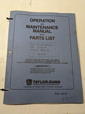 Taylor-Dunn Sc 1-59 Maintenance Manual Parts List Book 170/71 An 1985+