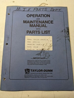 Taylor-Dunn Maintenance Manual Parts List Book 1159 Sc 170-71 An 1979+