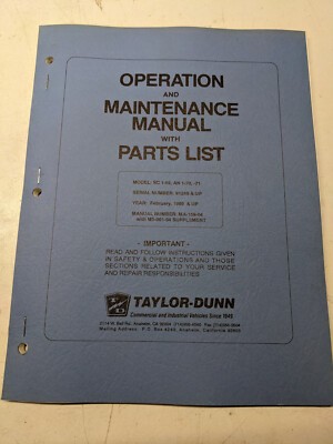 Taylor-Dunn Maintenance Manual Parts List Book Sc 1-59 170/71 An 1989+