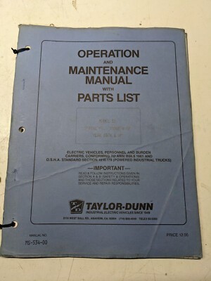 Taylor-Dunn Maintenance Manual Parts List Book Ss Model 1974+