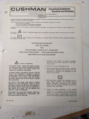 Cushman Installation Instructions Manual Heater Defroster Set 887002 1984