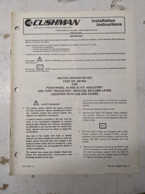 Cushman Installation Instructions Manual Heater Defroster Set 887002 1989