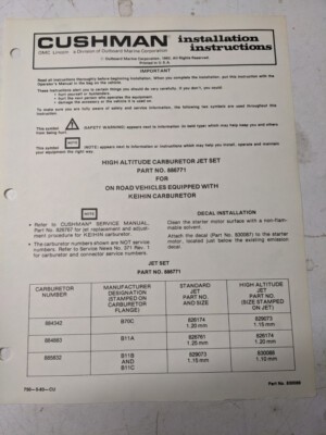 Cushman Installation Instructions Manual High Altitude Carburetor Jet Set 886771