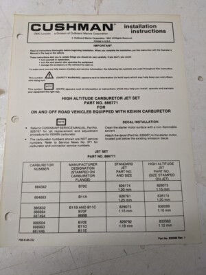 Cushman Installation Instructions Manual High Altitude Carburetor 886771 1985