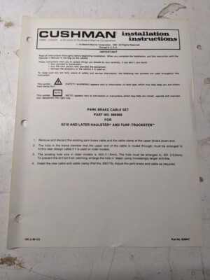 Cushman Installation Instructions Manual Park Brake Cable Set 886960 1985