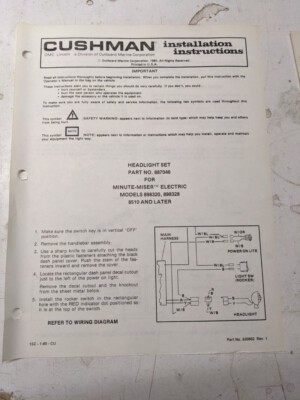 Cushman Installation Instructions Manual Headlight Set 887046 1985