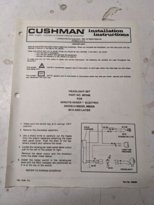 Cushman Installation Instructions Manual Headlight Set 887046 1984
