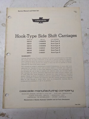 Cascade Service Manual Parts List Book Hook Type Side Shift Carriage 1963