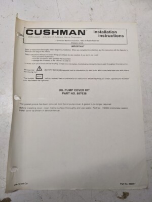 Cushman Installation Instructions Manual Oil Pump Cover Kit 887638 1986