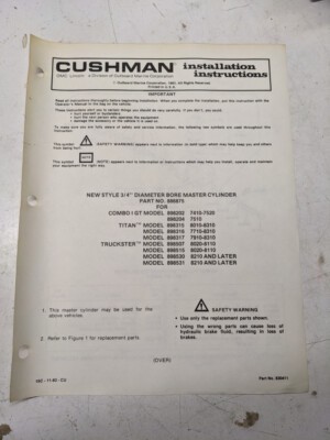 Cushman Installation Instructions Manual 3/4� Bore Master Cylinder 886875 1983