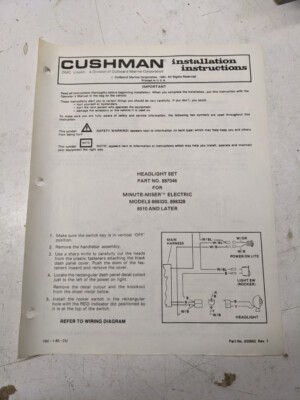 Cushman Installation Instructions Manual Headlight Set 887046 1985