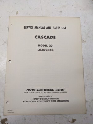 Cascade Attachment Service Manual Parts List Model 20 Loadgrab Fork Lift