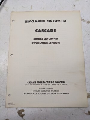 Cascade Lift Attachment Service Manual Parts List Model 20 30 40 Revolving Apron