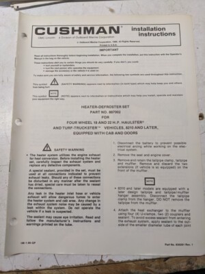 Cushman Installation Instructions Manual Heater Defroster Set 887002 1986