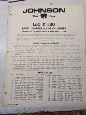 Johnson Work Horse Loader L60 L80 Parts List Manual Instructions Lift Cylinders