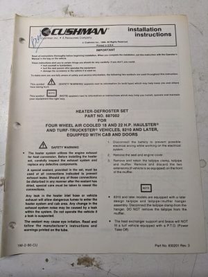 Cushman Installation Instructions Manual Heater Defroster Set 887002 1990