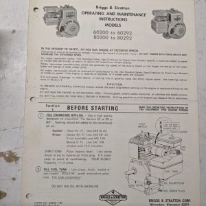 Briggs Stratton Operating Maintenance Instructions Models 60200 60292 80200