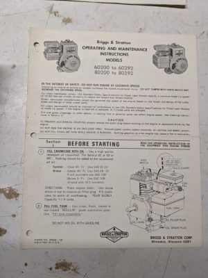 Briggs Stratton Operating Maintenance Instructions Models 60200 60292 80200