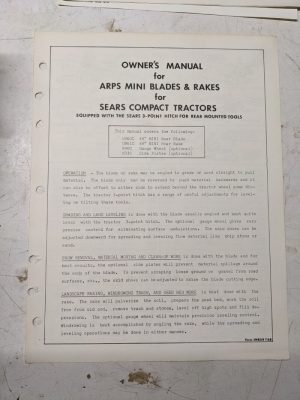 Arps Owners Manual Mini Blades Rakes Parts List For Sears Compact Tractors