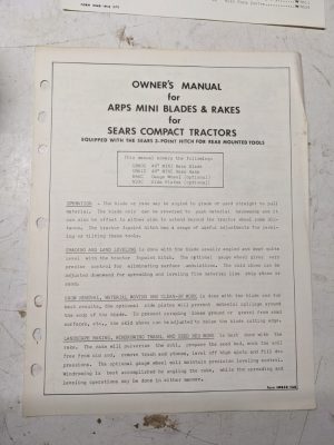 Arps Owners Manual Mini Blade Rake Parts List For Sears Compact Ub60C Ub61C N46C