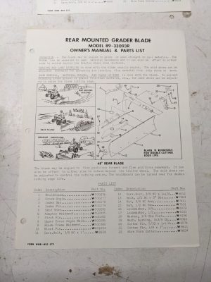 Rear Mounted Grader Blade Model 89-33093R Owners Manual Parts List Book