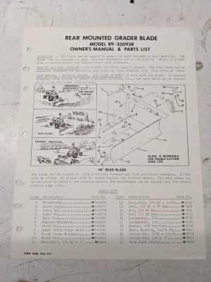 Operator Manual Parts List Book Rear Mounted Grader Blade Model 89-33093R