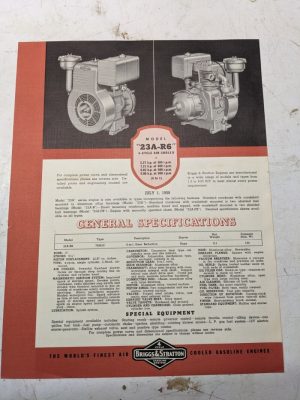 Briggs & Stratton Air Cooled 4 Cycle 23A-R6 Model Specs Data Sheet Brochure