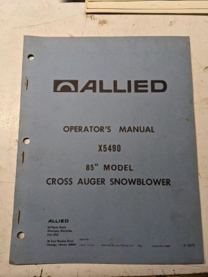 Allied Operators Manual Parts List Book X5490 85” Cross Auger Snowblower