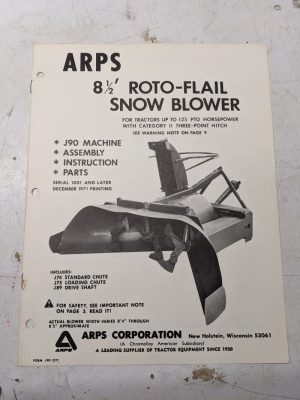Arps Owners Manual Parts List Book J90 8.5' Roto-Flail Snow Blower 1271 1971