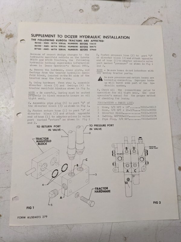 Supplement Dozer Hydraulic Installation Instructions B6100 B7100 ...