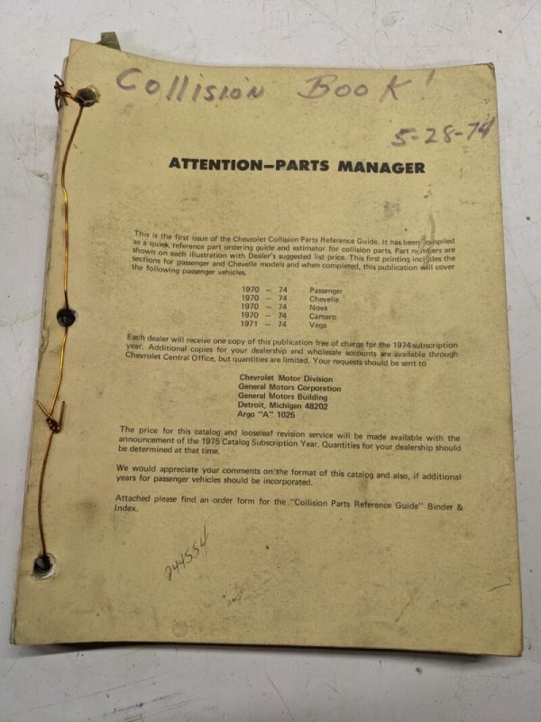 Chevrolet Collision Parts Reference Guide P&A 25A 1970-1974 Chevelle ...