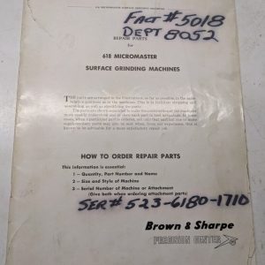 Brown & Sharpe 618 Micromaster Repair Parts List Book Manual Grinding 1959