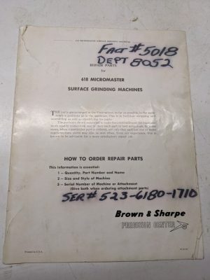Brown & Sharpe 618 Micromaster Repair Parts List Book Manual Grinding 1959