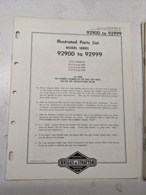 Briggs & Stratton Illustrated Engine Repair Parts Book Manual 92900-92999
