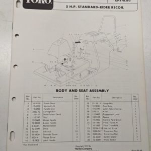 Toro 5Hp Parts Catalog List Manual Lawn Tractor Standard Rider 56015 1972