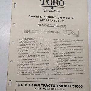 Toro 4Hp Owners Instruction Manual Parts List Book Catalog Lawn Tractor 57000