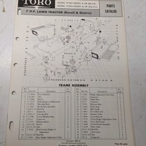 Toro Parts Catalog List Book Manual 7Hp Lawn Tractor 57104 57204 1969