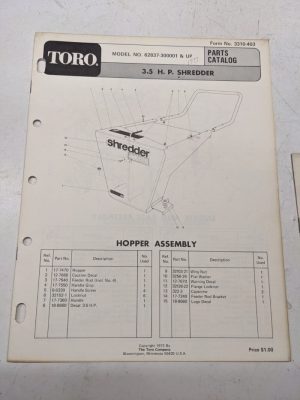 Toro 3.5Hp Shredder Parts Catalog 1972 3310-403 62837 List Book Manual