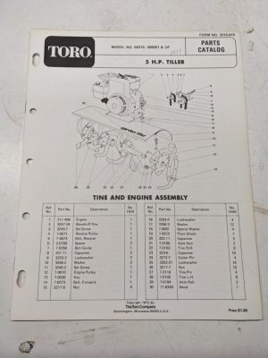 Toro Parts Catalog List Book Manual 5Hp Tiller 58215 3310-415 1972 Front Tine