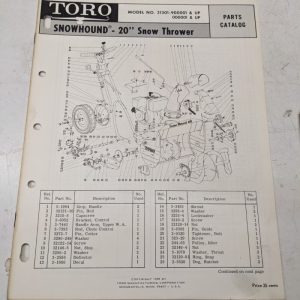 Toro Parts Catalog List Book Manual Snow Hound 20” 31301 1968 Blower