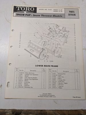 Toro Parts Catalog List Book Manual Snow Pup Electric Snowthrower 31415 1968