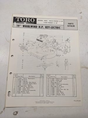 Toro Parts Catalog List Manual 19” Whirlwind Hp Mower Keylectric 18222 17301