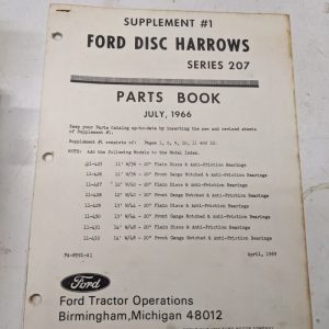 Supplement #1 Ford Disc Harrow 207 Series 11-425 11-432 Parts List Manual 1966