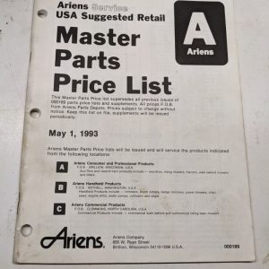 Ariens Service Master Parts Price List Dealer Manual Usa Suggested 1993 000189