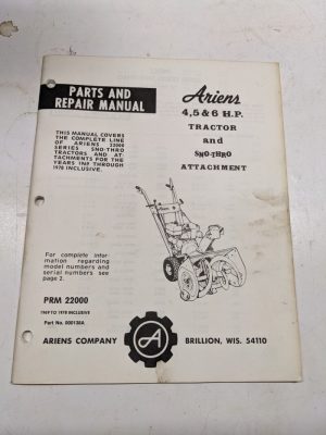 Ariens Parts List Repair Service Manual 4 5 6Hp Tractor Sno Thro Prm 22000 69-78