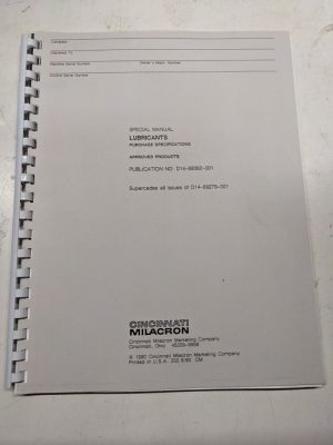 Cincinnati Milacron Special Manual Service Maintenance Lubricants Specifcations